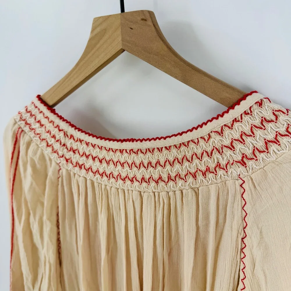 Free People Wind Willow Mini Dress‎ Embroidered Tassel Peasant Cream Red Size M